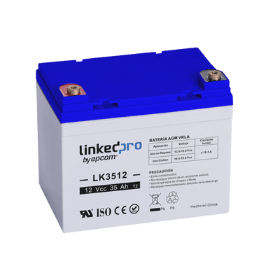 Batería 12 V / 35 Ah / UL / Tecnología AGM / Vida útil promedio de 5 años / Para uso en equipo electrónico, Alarmas de Intrusión / Incendio / Control de acceso / Video Vigilancia / Terminales T1 