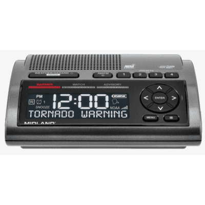 Radio de Alerta Meteorológica WR400 / 7 Canales NOAA y Environment Canada / Almacena 10 Alertas / Sirena de 85 dB / Reloj Dual con Alarma / Carga USB / Certificado Public Alert