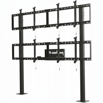 Soporte Modular para Video Wall Pedestal 2x2 / Ajuste Micro Sin Herramientas / 8 Puntos de Alineación / Capacidad 500 lb / VESA 200x200 a 600x400 mm / Estructura Aluminio / Gestión Cableado Integrada / Almacenamiento Multimedia