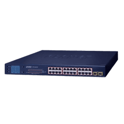 Switch PoE de 24 Puertos Gigabit 802.3af/at con Modo Extendido 250 m, 2 Puertos SFP 1000SX , Pantalla LCD para Configuración Básica, Hasta 300 W para PoE