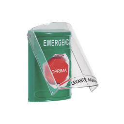 ​Botón Multipropósito, Color Verde, De Superficie, Con Tapa De Policarbonato, Con Bocina Pre Alarma, Para Interior, Llave Para Restablecer, Texto De Emergencia, Español