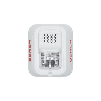 Sirena con Lámpara Estroboscópica a 2 Hilos, Montaje en Pared, Color Blanco, Configuración Estroboscópica Seleccionable y Texto en Español, Nuevo Diseño Moderno y Elegante y Menor Consumo de Corriente