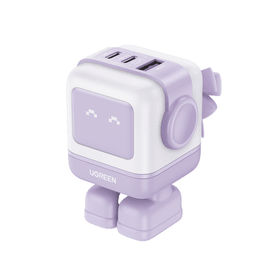 Cargador RobotGaN de 65W Serie UNO | 3 Puertos de Carga Rápida | 2 USB-C | 1 USB-A | PD 3.0 | QC 4.0 | Carga Inteligente | Tecnología GaN II | Zapato Magnético Extraíble | Carcasa Ignifuga | Pantalla LED. 