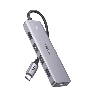 HUB USB-C 3.0 4 EN 1 | 4 Puertos USB-A (5Gbps) | Carcasa ABS + PC | Soporta OTG | Luz Indicadora LED | Compatible con iPhone 15 Pro MAX) | Interfaz Niquelada | Color Gris Metalizado | Cable de 15cm.