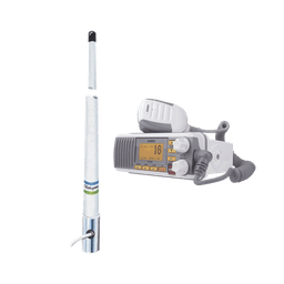 Kit de radio móvil VHF marino modelo UM-385 color blanco y antena marina Shakespeare de fibra de vidrio 5101