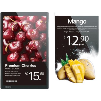 Digital Signage ESL / Pantalla LCD 15.6" Full Color / Doble Cara 1920x1080 / Wi-Fi 2.4G + NFC / Actualización 0.1s / IP6X / Gestión Cloud SaaS / 30,000+ Horas Vida Útil